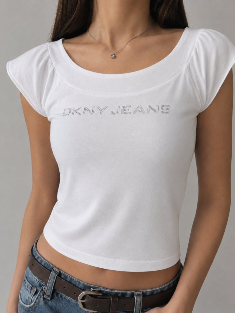 DKNY Jeans White Top w Logo Studs Small Petites